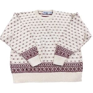 Vintage Grandpa Sweater Men XL White Red Heavy Knit Geometric Nordic USA 80s 90s